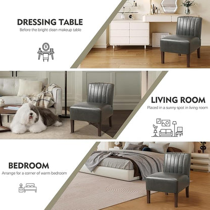 VIRRMO Armless Accent Chairs Set of 2 Upholstered Dining Chairs Living Room Chairs with Solid Wood Legs Bedroom Chair Leather Reading Chair Comfy Chair for Bedroom Vanity Kitchen (Grey)