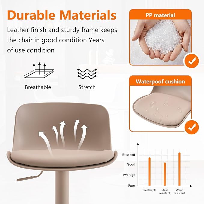 Kidol & Shellder Bar Stools Set of 2 Cream Adjustable Swivel Counter Height Stools, Modern PU Leather Upholstered with Back Solid Color Barstools for Kitchen Island