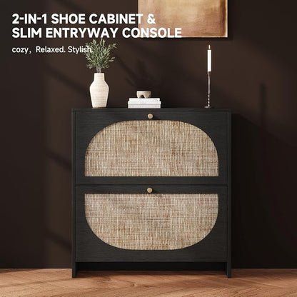 Nicetree Shoe Organizer for Entryway, Slim Shoe Rack with 2 Flip Drawers, Modern Boho Rattan Shoe Cabinet Storage for Entryway, Narrow Shoe Cabinet with Adjustable Shelves for Small Spaces, Black