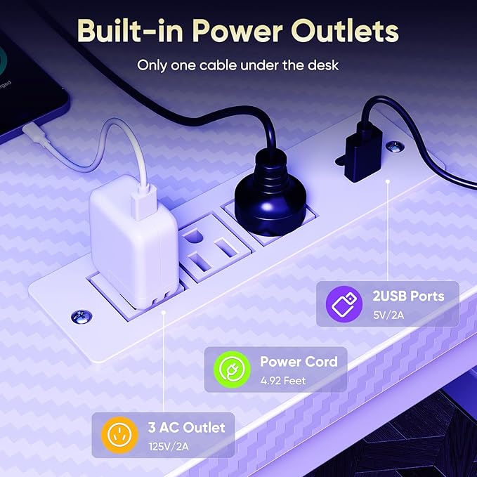 DUMOS Gaming Desk, Computer Desk with USB Charging Ports Power Outlets Type-C LED Lights Reversible L Shaped Workstation with Storage Shelves Monitor Stand for Home Office Gaming Room White 48IN