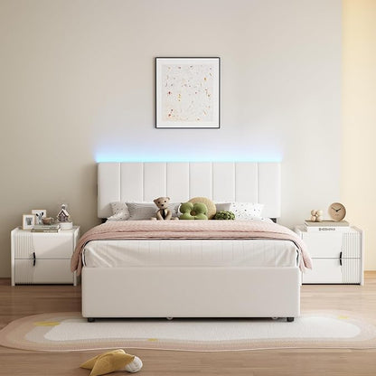 Queen Size Upholstered Platform Bed w/Trundle Bed & 2Storage Drawers | Twin Size Trundle,Two Drawers,LED Lighting Controlled by APP, USB+Type-C Charging Ports,Chenille Upholstered Bed Frame,Beige