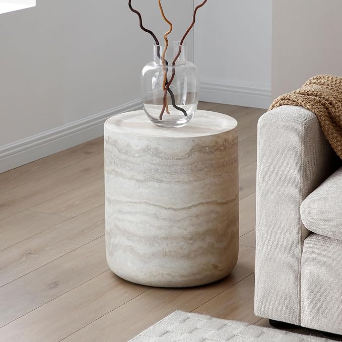15.74" Small Round Side Table, Faux Marble Stone Coffee Table, French Country Rustic Circle End Table, Modern Minimalist Fiberglass Tea Table for Living Room Apartment Office, No Assembly