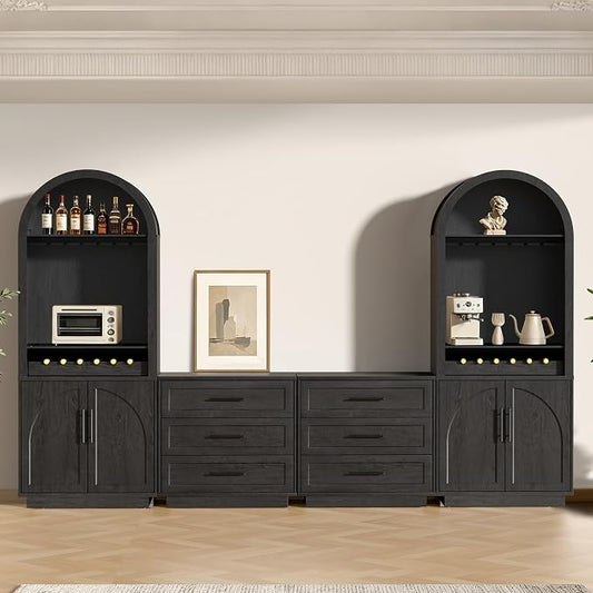 Fatmok Arden Collection 4-Piece Home Furnishing Set, 2 Arched Wine Cabinets with LED Lighting, Charging Station & Wine Rack, 2 Three-Drawer Accent Cabinets, Black Grey