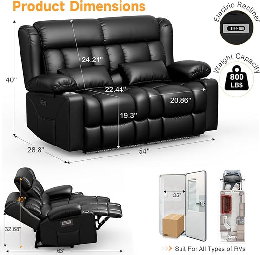 Power RV Loveseat Recliner Sofa, Electric Reclining Loveseat RV Couch with USB & Type-C Ports, Zero Wall Hugger RV Furniture with Storage & LED Light for Travel Trailers Home Theater Seating
