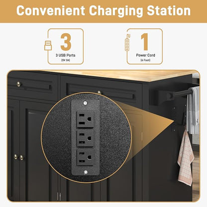 Hlivelood 55" Movable Kitchen Island with Drop Leaf and Power Outlet, Rolling Cart with Storage Cabinet, Island Table on Wheels for Kitchen with 2 Drawers, Spice Rack, Towel Bar, Garage Hook, Black