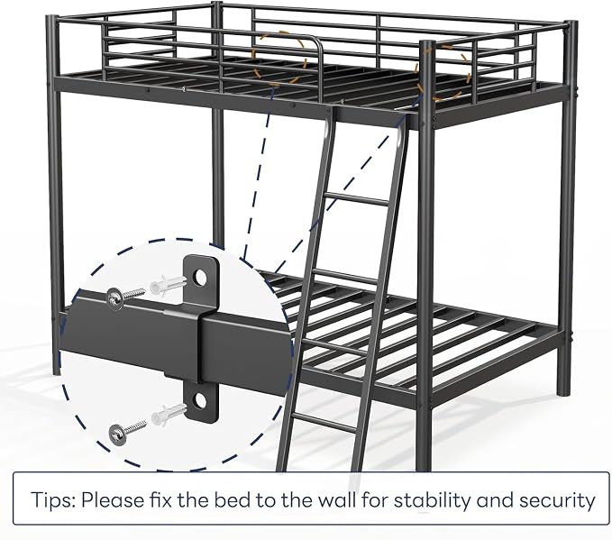 Bunk Bed Twin Over Twin with Safety Guardrail & Ladder,Space Saving Twin Bed Frames for Kids Teens and Adults,Heavy Duty Metal Bunk Bed for School Bedroom,No Box Spring Needed（Black）