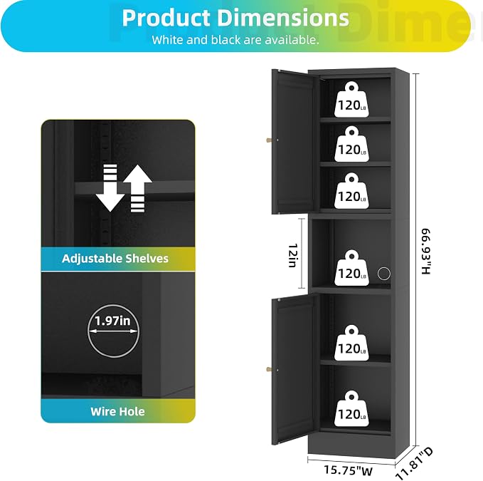 69" Tall Metal Pantry Cabinet with Microwave Stand,Microwave Storage Cabinet with 2 Doors & 3 Adjustable Shelves for Kitchen (2doors-Black, 11.81" D x 15.75" W x 66.93" H)