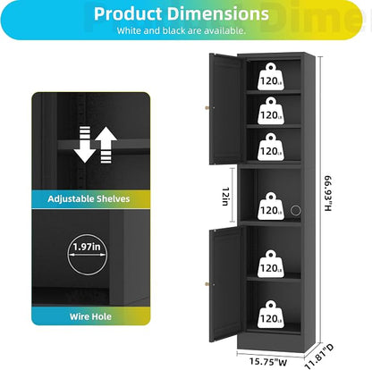 69" Tall Metal Pantry Cabinet with Microwave Stand,Microwave Storage Cabinet with 2 Doors & 3 Adjustable Shelves for Kitchen (2doors-Black, 11.81" D x 15.75" W x 66.93" H)