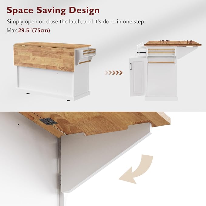 Large Kitchen Island with Rubber Wood Drop Leaf, Rolling Kitchen Cart with Ample Storage on Wheels with Doors and Drawers, Embossed Texture for Dining Room (54Inch, White, Silver Handle)