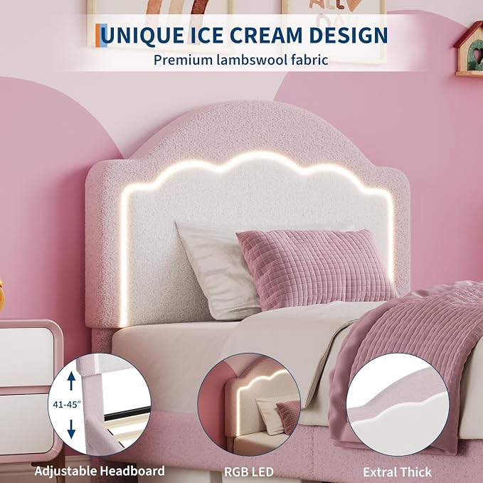 IDEALHOUSE Twin Bed Frame with LED Headboard and Under-Bed Drawer, Boucle Fabric Upholstered Platform Bed with LED Light for Kids, Girls, Wooden Slats Support, No Box Spring Needed, Pink