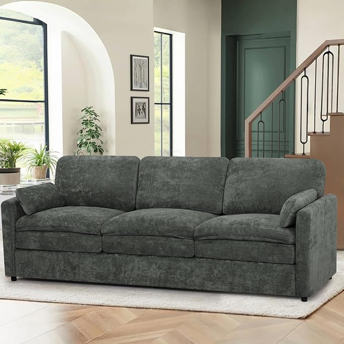 89” Chenille Sofa w/Arm Pillows, Upholstered 3-Seater Sofa w/Comfortable Back Cushions, Modern 3 Seats Couch w/High-Density Foam for Living Room, Apartment, Office, Grey