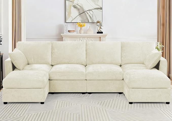 110” Chenille 4-Seats Sofa W/Two Movable Ottomans, Beige | Modern Fabric U-Shaped Couch w/Soft Backrests, Upholstered Sectional Sofa w/Arm Pillows for Living Room, Office