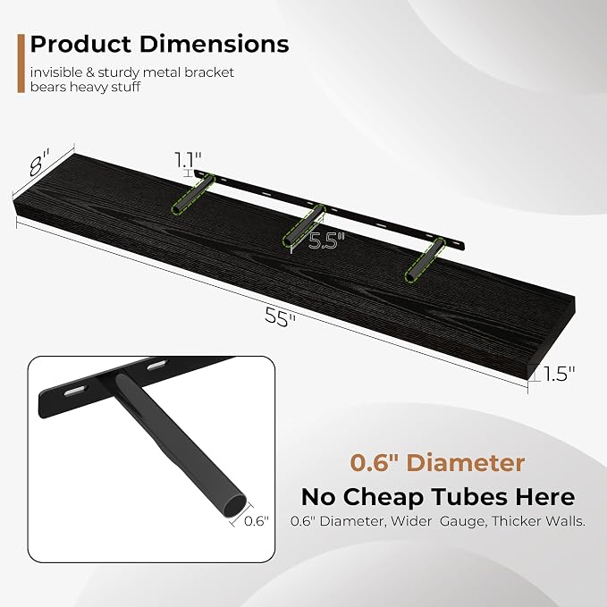 Fun Memories 55 Inch Floating Shelves for Wall, Fireplace Mantel Shelf with Invisible Heavy Duty Bracket, 8 Inch Deep Storage Shelf for Living Room, Kitchen, Farmhouse, Black
