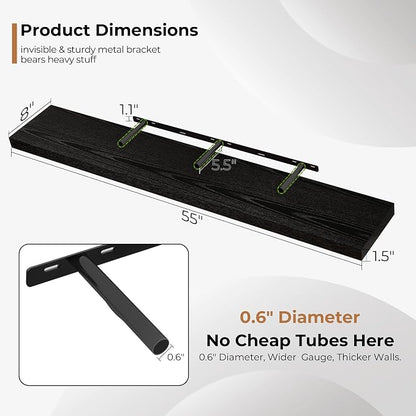 Fun Memories 55 Inch Floating Shelves for Wall, Fireplace Mantel Shelf with Invisible Heavy Duty Bracket, 8 Inch Deep Storage Shelf for Living Room, Kitchen, Farmhouse, Black