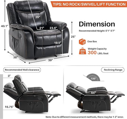 Massage Recliner Chair with Heat, Faux Leather Recliner Chairs for Adults, 39" Wide Manual Reclining Ergonomic Lounge Chair, Overstuffed Wall Hugger Recliners for Living Room, Black