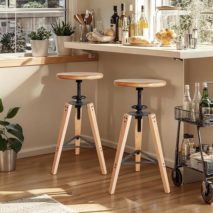 2-Piece Adjustable Height Swivel Bar Stool - Industrial Rustic Style, Solid Oak Wood Seat and Frame, 24.8"-28.7", Natural Finish, Anti-Slip Pads - Perfect for Kitchen, Bar, Counter, Home - Heavy Duty