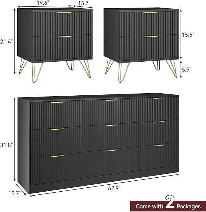 9 Drawer Dresser and Nightstand Sets for Bedroom, 3 Pcs Bedroom Set，Night Stand Set of 2 & 9 Drawer Dresser with Gold Handles, Modern Wood Chest of Drawers Storage Cabinet Set, Black
