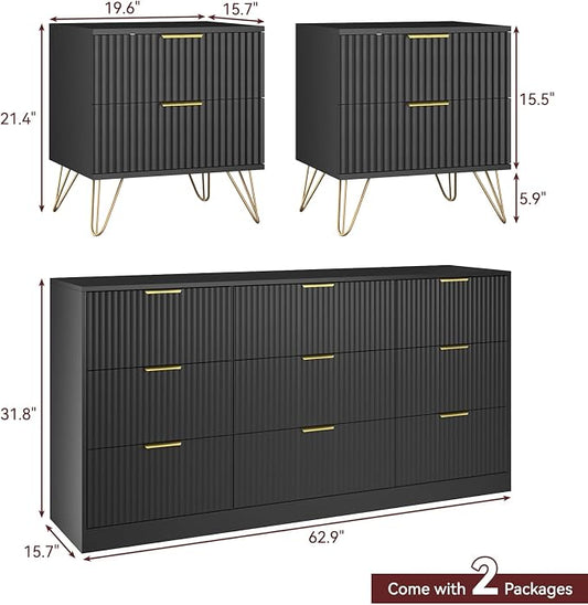 9 Drawer Dresser and Nightstand Sets for Bedroom, 3 Pcs Bedroom Set，Night Stand Set of 2 & 9 Drawer Dresser with Gold Handles, Modern Wood Chest of Drawers Storage Cabinet Set, Black