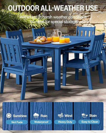 YEFU HIPS Patio Table Set: 7 Piece Outdoor Table and Chairs Dining Furniture Set with Umbrella Hole - Blue Modern Plastic Dining Sets 6 Person for Outside Deck with Metal Aluminum Frame