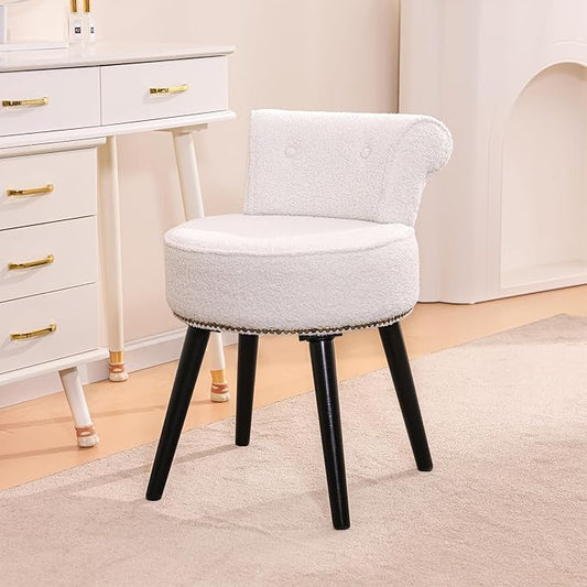 Vanity Chair with Back, Sherpa Stool with Tufted Low Backrest & Gold Nailhead Trim, Round Vanity Seat for Bedroom and Bathroom Makeup, Support 220lbs, Easy Assembly (Teddy White)