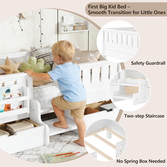 Bellemave Twin Size Kids Montessori Bed with Stairs and Bookshelf,Solid Wood Twin Size Kids Bed Frame with Drawers and Storage for Girls Boys,Low-Profile,White
