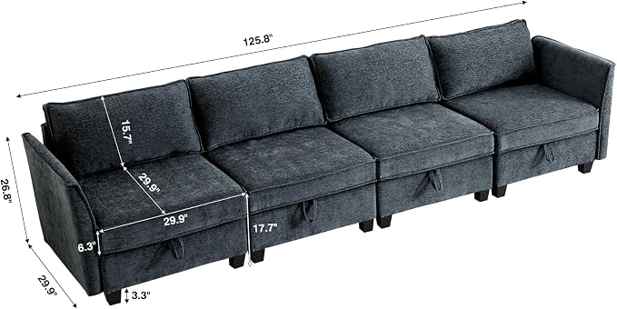 ORRD Modular Sectional Sofa, Convertible Couch with Storage, 4 Seater Sofa Modular with Reversible Chaise for Living Room, Office (Blue Grey)