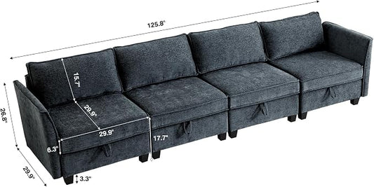ORRD Modular Sectional Sofa, Convertible Couch with Storage, 4 Seater Sofa Modular with Reversible Chaise for Living Room, Office (Blue Grey)