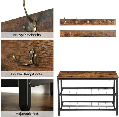 HOOBRO Hall Tree with Bench, Coat Rack Shoe Bench Set, Entryway Shoe Rack with Coat Hooks, Hall Tree Coat Rack, Mud Room, Industrial, for Foyer, Front Door, Rustic Brown BF07MT01