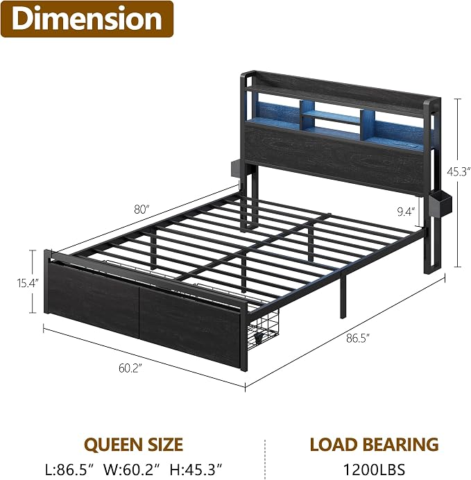 Furnulem Queen Bed Frame with Wood Headboard and Storage Shelf, Metal Platform Bed Frame Queen Size with Storage Drawers, LED Lights and Charging Station, No Box Spring Needed, Noise Free, Black