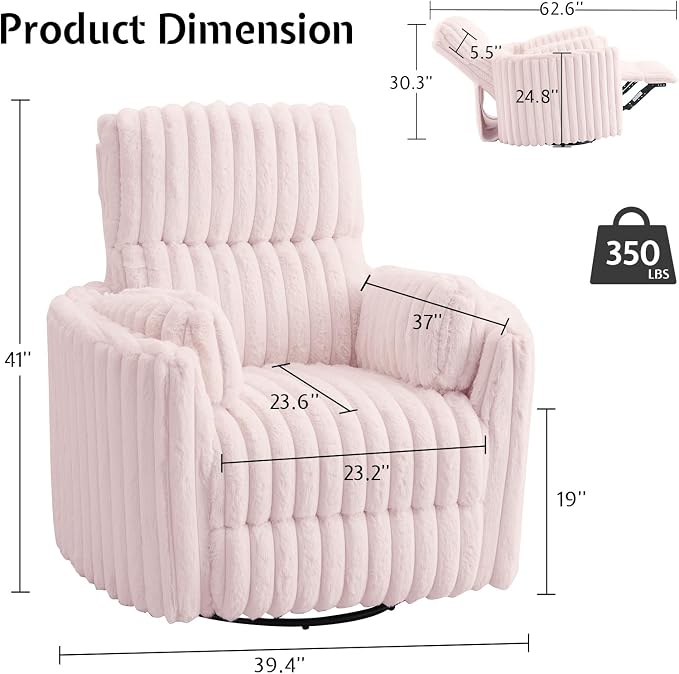 Jocisland Power Recliner Nursery Chair for Adults, Electric Swivel Rocking Glider with USB & Type-C, Soft Fabric Armchair with 2 Pillows, Cozy Reclining Sofa for Living Room, Bedroom, Light Pink