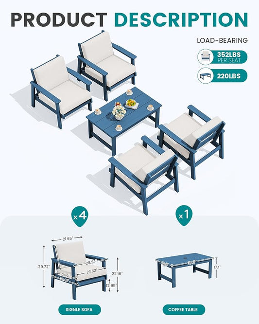 SERWALL Outdoor Patio Furniture Set, 5 Piece HDPE Patio Conversation Sets, All-Weather Wood-Like Outdoor Couch Loveseat and Coffee Table with Thick Cushions for Porch Balcony Garden Backyard