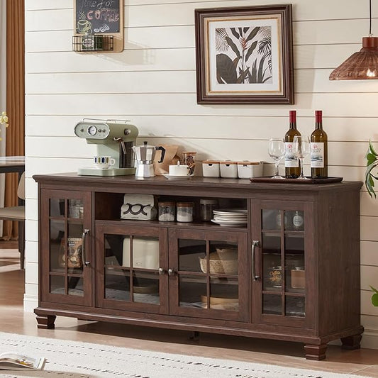 SAVOR LIFE Large Sideboard Buffet Cabinet with Storage,Vintage Walnut Farmhouse 60" Wide Sideboard Cabinets with Glass Doors & Wood Legs,Kitchen Coffee Bar Credenza for Dining Room, Living Room
