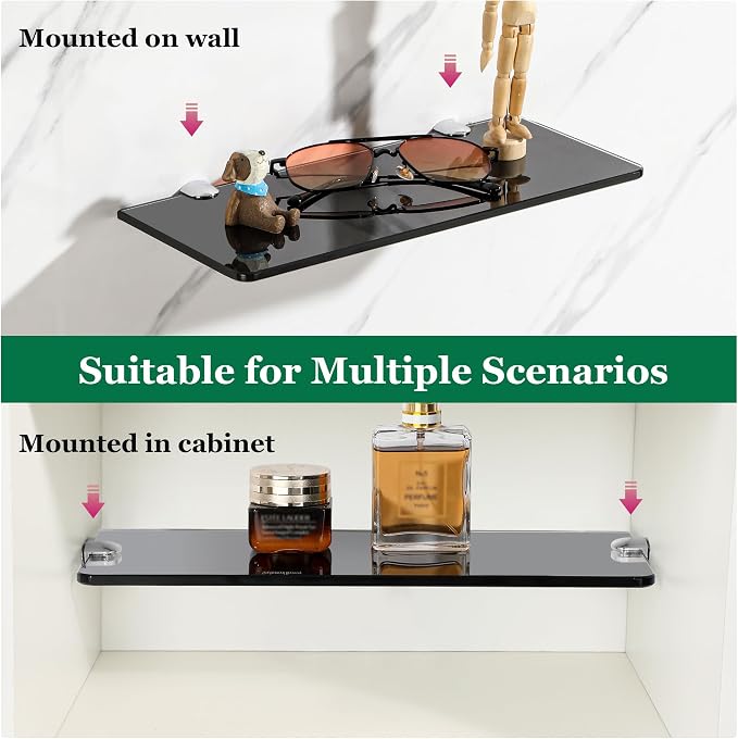SAYAYO Glass Floating Shelves for Wall, Tempered Glass Shelves for Bathroom, Living Room, Bedroom, Office, Toilet, Kitchen Decor, 12 Inch Set of 2, Black
