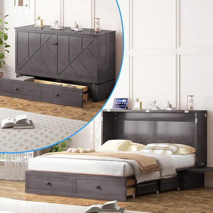 PUREMIND Murphy Bed Queen with Mattress Included, Hideaway Wallbed Cabinet Bed with 2 Storage Drawers, USB Charging Ports & Headboard, Space-Saving Chest Beds for Home, Guest Room, Gray
