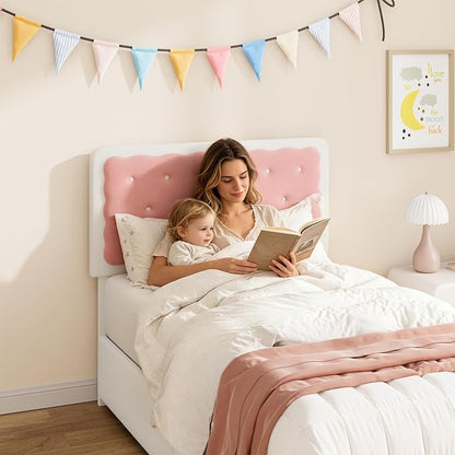 Garvee Twin Bed Frame with Biscuit Tufted Velvet Headboard, Cream White & Pink Upholstered Platform Bed with 2 Storage Drawers, Sturdy Wood Slats, No Box Spring Needed, Easy Assembly