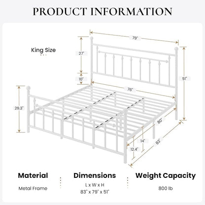 SHA CERLIN 14" King Size Metal Platform Bed Frame/Victorian Headboard and Footboard/Steel Slats Mattress Foundation for Storage/No Box Spring Needed/Noise Free/White