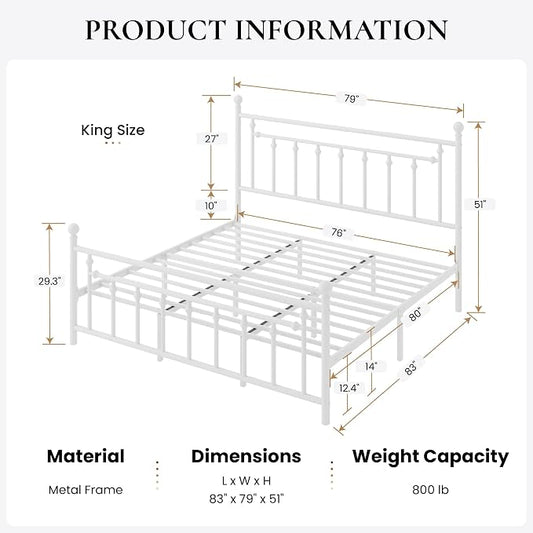 SHA CERLIN 14" King Size Metal Platform Bed Frame/Victorian Headboard and Footboard/Steel Slats Mattress Foundation for Storage/No Box Spring Needed/Noise Free/White