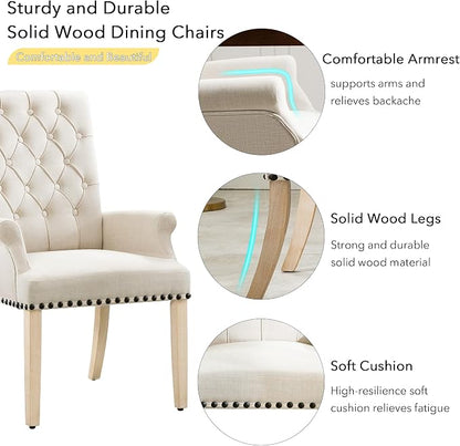 adochr Dining Chairs with Arms, Upholstered Linen Dining Room Chairs with Solid Wood Legs, Accent Armchair for Kitchen Dining Living Room, Beige