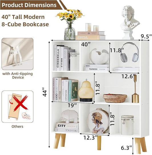 LEYAOYAO 8 Cube Bookshelf,3 Tier Bookcase with Legs,White Mid-Century Modern Bookshelves,Large Open Storage Organizer Shelf, Wooden Book Case