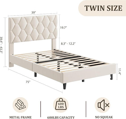 GAOMON Beige Twin Upholstered Bed Frame, Heavy-Duty Platform Bed Frame with Upholstered Headboard & Strong Wood Slats, No Box Spring Needed/Noise Free/Easy Assembly