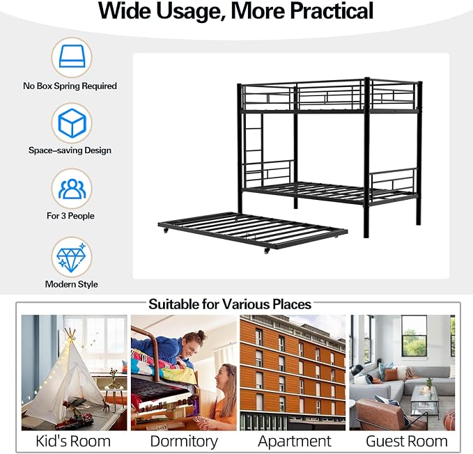 Metal Bunk Bed with Trundle, Space-Saving Bunk Bed Twin Over Twin with Ladders and Safety Guardrail, Heavy Duty Twin Bed Frames, No Box Spring Needed and Noise Free(Black)