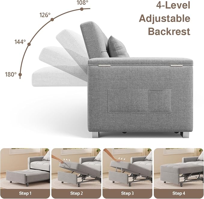 Ahomly 87" Convertible Sofa Bed – Space-Saving Sleeper with Pull-Out Design, Adjustable Backrest, Wide Armrests with Storage, Plush Cushions, Cozy for Small Spaces (Light Grey)