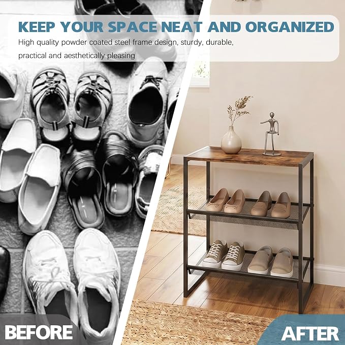 Shoe Rack for Entryway，3 Tier Shoe Storage Organizer，Sturdy Shoe Shelf,Boot Rack with a Fine Mesh Shelves，for Living Room, Hallway，Small Space,11.8 x 16.5 x 19.7 Inches,Brown