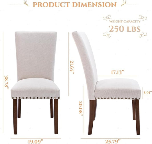 Set of 4 Beige Upholstered Dining Chairs, Farmhouse Kitchen Chairs with High Back Support, Solid Rubberwood Legs, Comfortable Padded Seat, Bronze Nailhead Trim, Dining Room Chairs for Family Meals