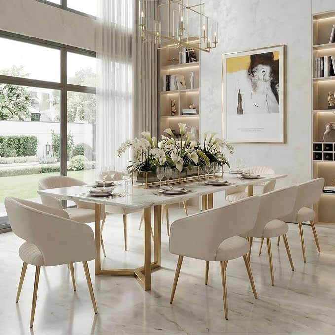 Hyfirm Set of 4 Cream Leather Dining Chairs, Modern Upholstered Kitchen Chairs Gold Metal Legs, Hollow Back, Accent Side Chair for Dining Room/Livingroom/Reception/Restaurant