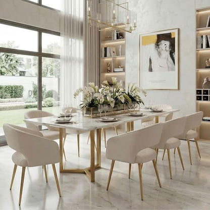 Hyfirm Set of 4 Cream Leather Dining Chairs, Modern Upholstered Kitchen Chairs Gold Metal Legs, Hollow Back, Accent Side Chair for Dining Room/Livingroom/Reception/Restaurant
