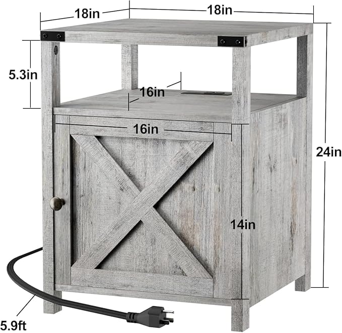 Farmhouse Nightstand with Charging Station, Grayish White End Table Bedroom with Storage Living Room Side Table Beige Night Stand Industrial Bedside Bed Table with USB Ports and Outlets