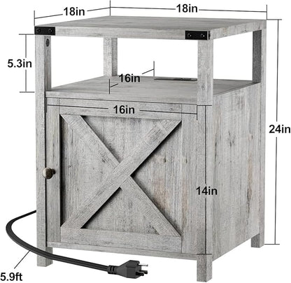 Farmhouse Nightstand with Charging Station, Grayish White End Table Bedroom with Storage Living Room Side Table Beige Night Stand Industrial Bedside Bed Table with USB Ports and Outlets