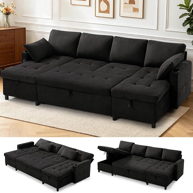 110" Fabric Pull-Out Couch Bed w/Adjustable Backrests, Black | Sectional Sleeper Sofa w/USB Ports & 2 Cup Holders, Upholstered U-Shaped Couch w/Storage Chaise for Living Room, House