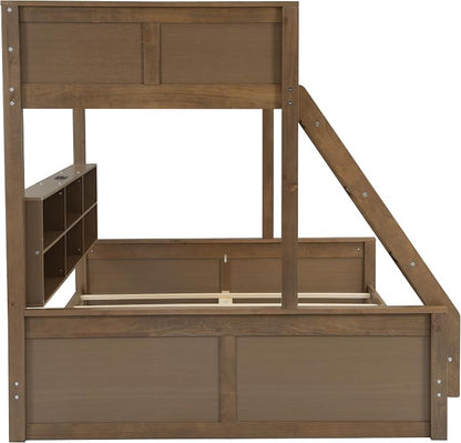 Wood Bunk Bed Twin XL Over Queen Size with Built-in Storage Cabinets and USB Ports, Versatile Bunk Bed Frame with Ladder and Guardrail for Kids Teens Adult, Maximize Space (Wood-T-Q)